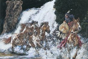 Spirits of Grizzly Creek Indian riding horse with three horses following and large grizzly in background